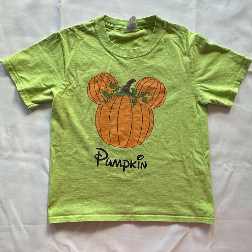 Halloween orange pumpkin Disney Mickey ears green short sleeve shirt kids small